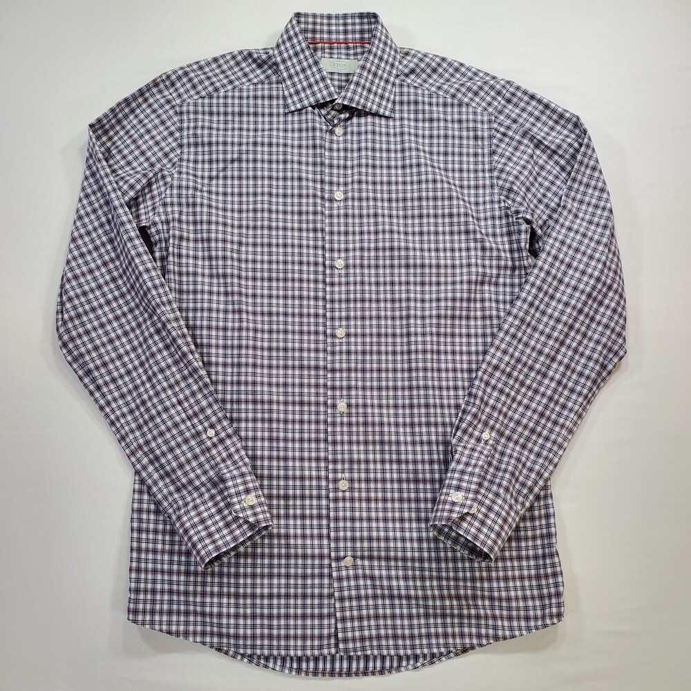Eton Dress Shirt Men 39 15.5 Slim Fit Tartan Plaid Neutral Earth Tones Button Up